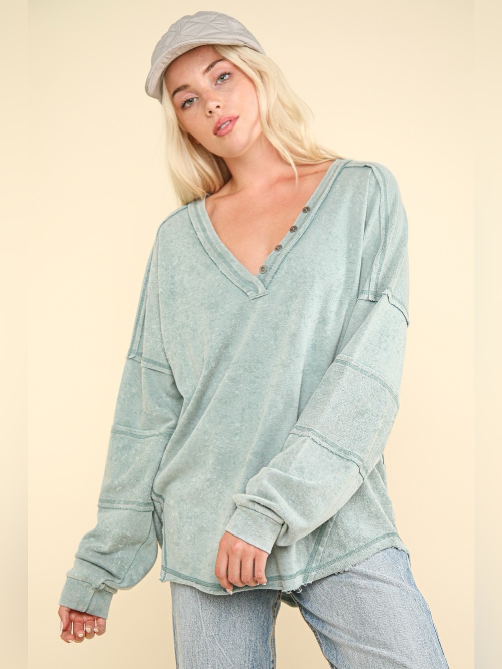 VERY J Washed V-Neck Exposed Seam Knit Top